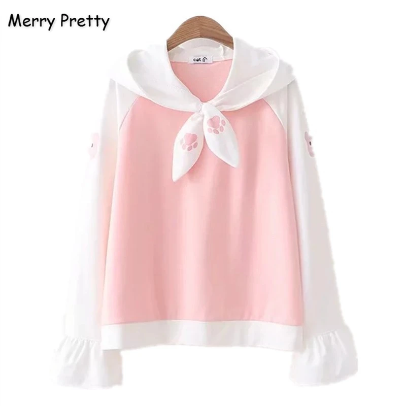

Merry Pretty Women’s Cartoon Print Bow Hooded Sweatshirts 2019 Winter Long Sleeve Patchwork Hoodies Girl Harajuku Cute Pullovers