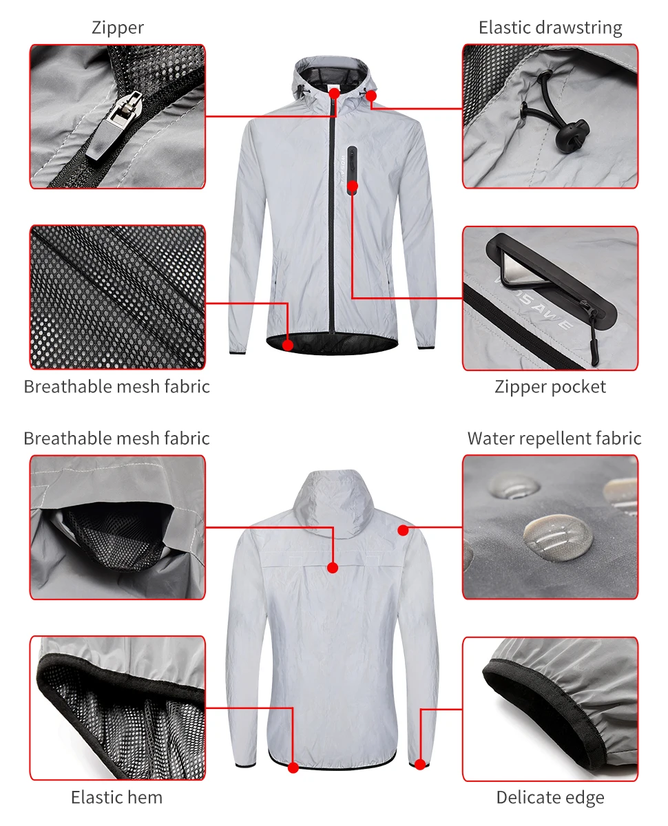 WOSAWE Reflective Jacket with Hoodie and Waterproof Windbreaker Men Women Cycling Hiking Running Hip Hop Safety Jacket reflective jacket