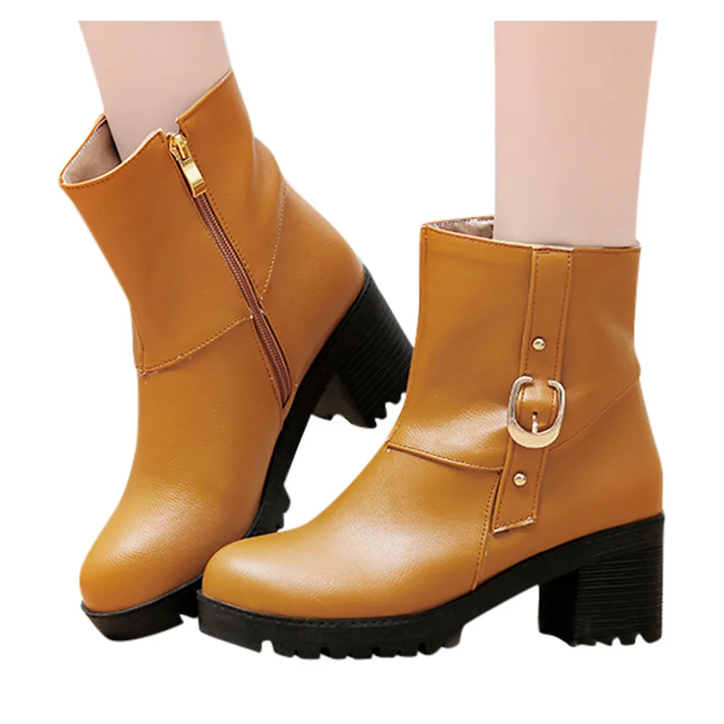 

Buckle Strap Boots Women Casual Non-Slip Round Toe High Heel Side Zipper Ankle Boots Winter Warm Snow Boots zapatos de mujer