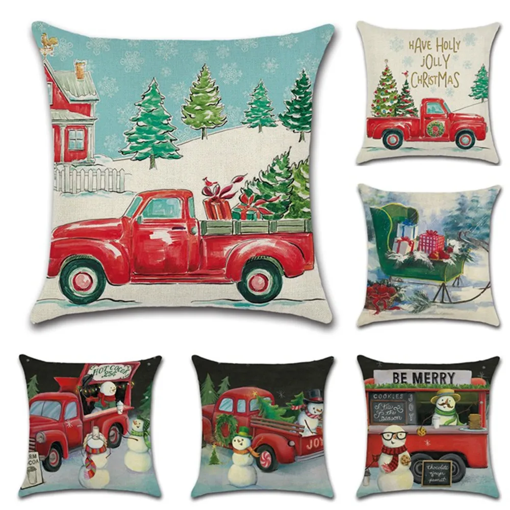 1pc Christmas Red Truck 45x45cm Cushion Cover Christmas Tree Decoration Family Living Room Chair New Year Linen Pillow Case