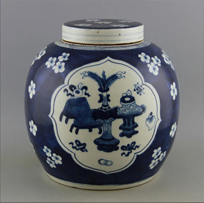 Late Qing Hand-Painted Blue And White Winter Plum And Eight-Treasure Pattern Lid Tea Caddy