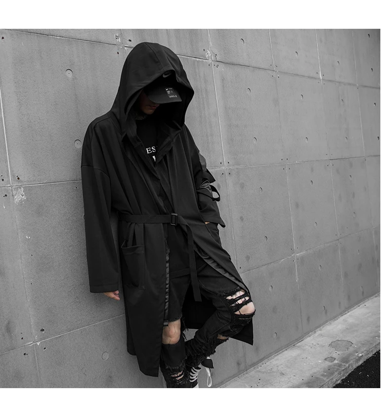 Una Reta/черный Тренч для мужчин, модный дизайн с поясом, ветровка, мужская повседневная верхняя одежда в стиле хип-хоп, плащ с капюшоном, пальто для мужчин, уличная одежда