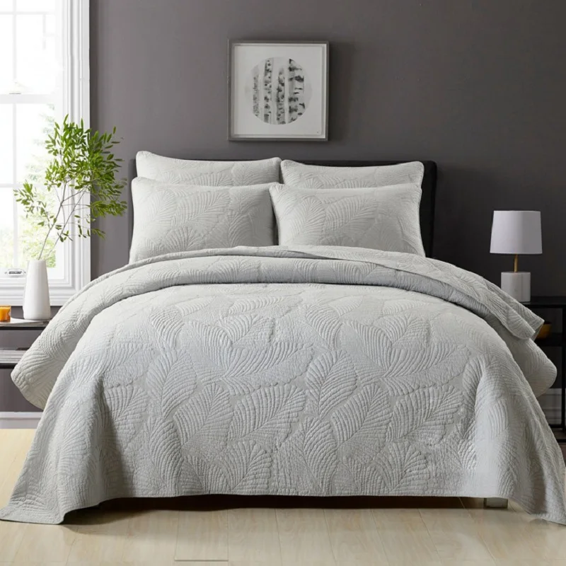 Chausub Gray Quilt Set And Pillow Shams 3 Piece Embroidered