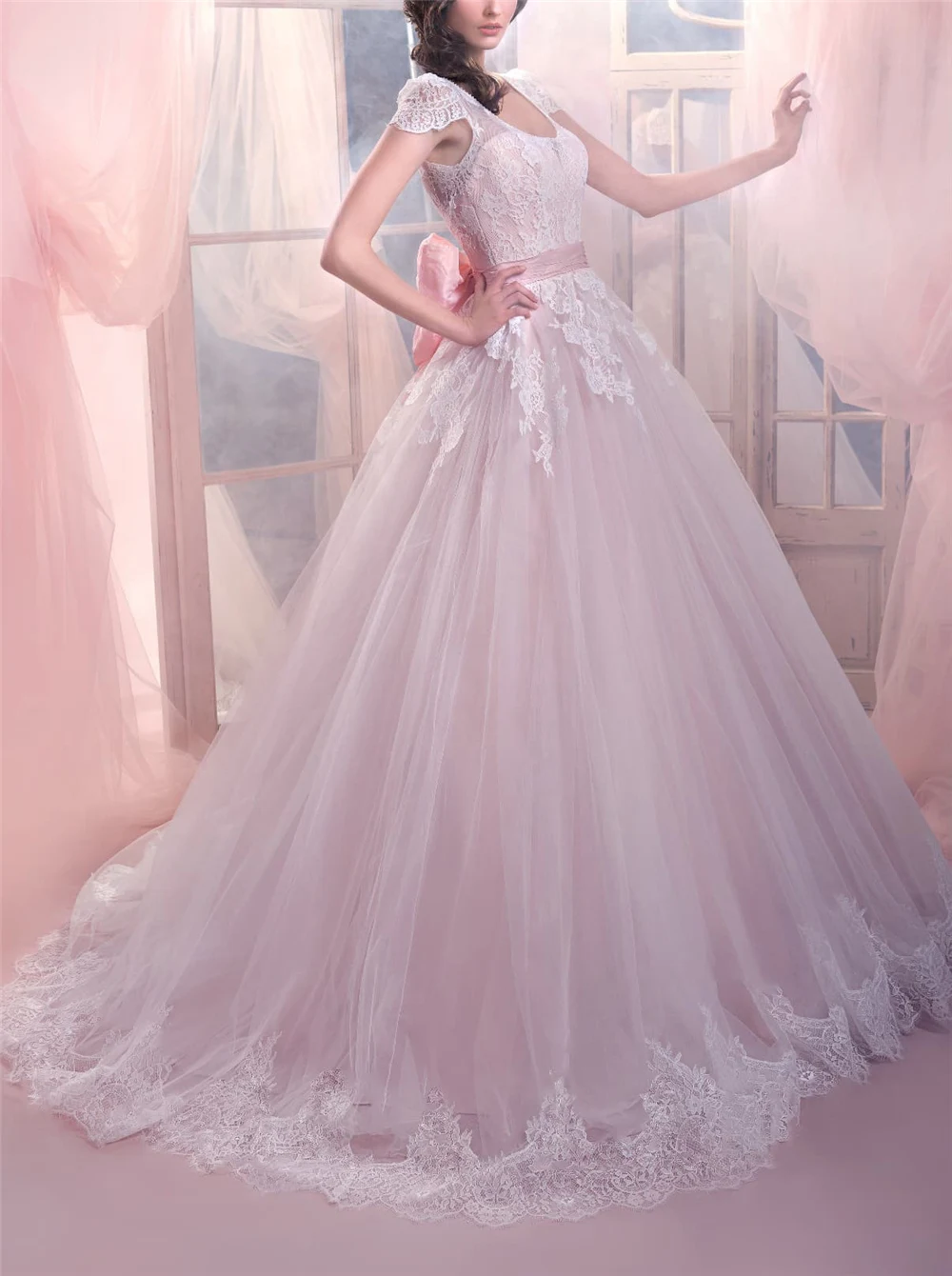 

Excellent Ivory Wedding Dresses Boho Cap Sleeves Lace Appliques Tulle Lace-Up Court Train Sash Vestidos De Novia 2020 With Bows
