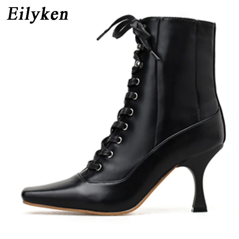 Eilyken/Размеры 35-39; дизайнерская женская обувь; Новинка года; сезон осень-зима ботинки черного цвета на каблуке ботильоны на платформе со шнуровкой высокий каблук 8 см - Цвет: Black