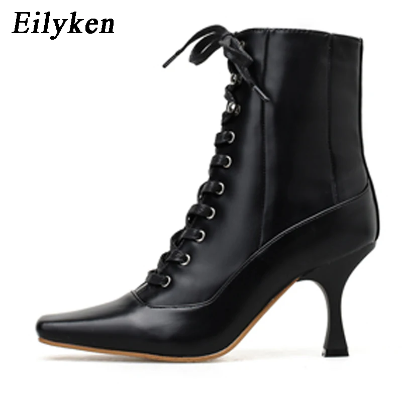Black Eilyken/Размеры 35-39; дизайнерская женская обувь; Новинка года; сезон осень-зима ботинки черного цвета на каблуке ботильоны на платформе со шнуровкой высокий каблук 8 см - Цвет: Black