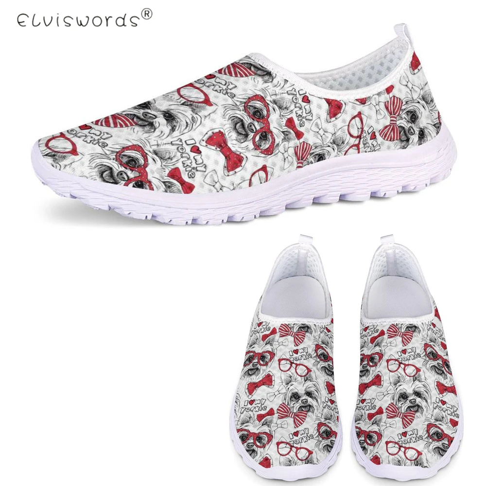 

ELVISWORDS Cute Pink Puppy Yorkshire Terrier Dog Print Summer Soft Flats Air Mesh Slip On Sneakers Ladies Lazy Shoes