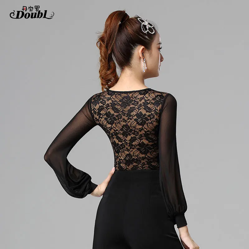 DOUBL Modern Dance Top Female Adult Latin Ballroom Dance Dress New Spring Social Dance Lantern Long Sleeve Dress Costume Workout