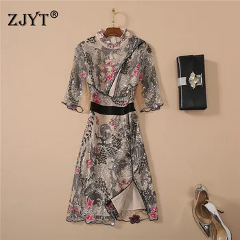

2020 New Fashion Designer Runway Dress Women High Quality Summer Clothes Short Sleeve Sequined Embroidery Mesh Sexy Party Dress