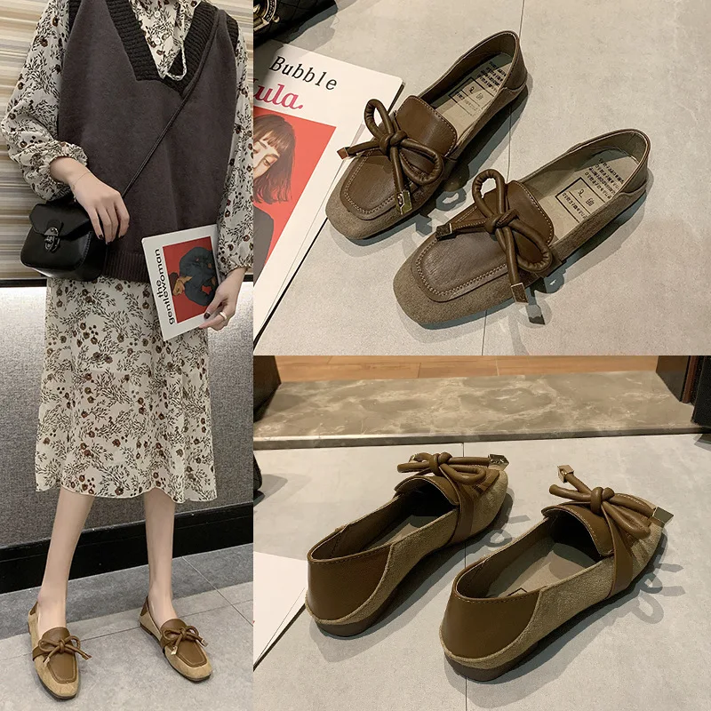 

Moccosins Women's 2020 Spring Versatile Flat Square Head Shoes Korean-style INS Fashion Bow Fairy Grandma Shoes
