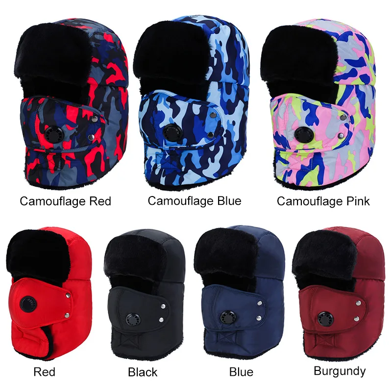 Unisex Men Women Trapper Hat Earflap Snow Ski Hat Solid Color Camouflage Print Windproof Mask Caps Autumn Winter Warm Hat