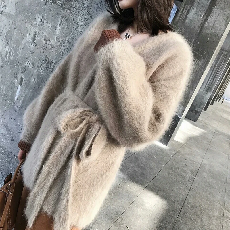 

Women Pure Soft Long Natural Mink Cashmere Sweater Belt Mink Cashmere Cardigans Lantern Sleeve Coat wsr706