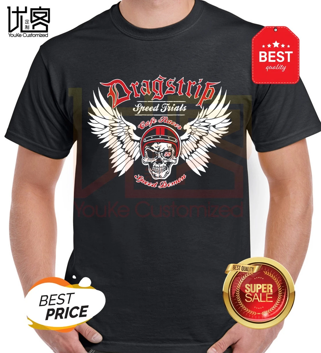 Gildan 2018 New Brand T Shirt Men Short Sleeve Funny Mens Black Speed Demon Cafe Racer Skull Wings Biker slim Fit Tee Shirts | Мужская
