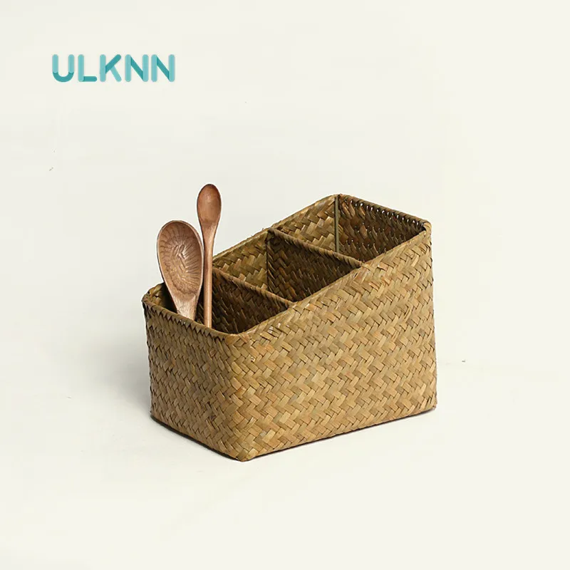 

Handamde Straw Woven Storage Box Kitchen Utensils Storage Rack Eco Natural Multi-Use Sundries/Cosmetics Table Organizer