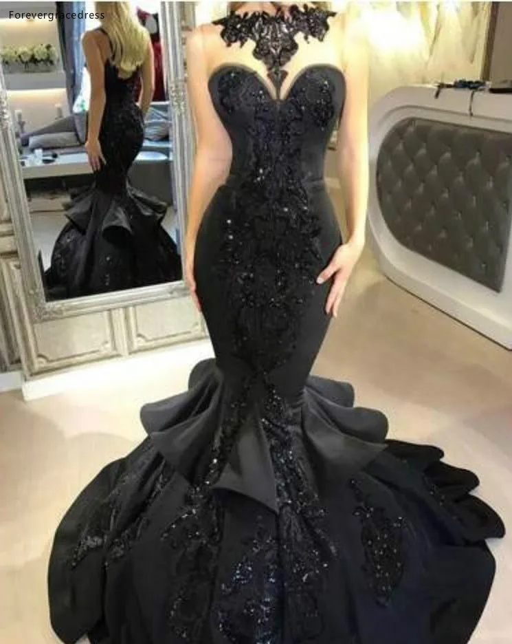 Stunning Black Long Prom Dresses 2018 Sexy Beaded Appliqued Cascading Ruffled Mermaid Court Train Backless Formal Party Evening Gowns  179
