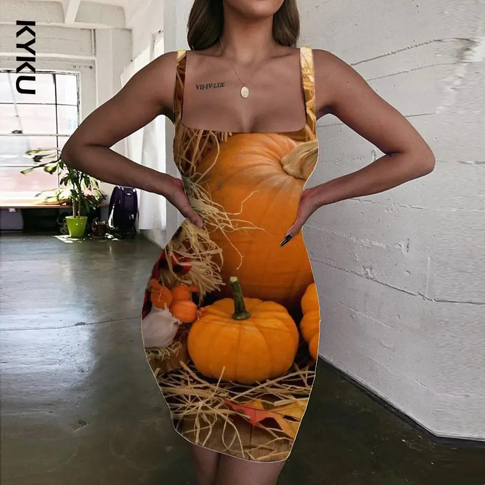 

KYKU Pumpkin Dress Women Halloween Halter Sleeveless Hip Hop Bodycon Dress Street 3d Print Womens Clothing Summer Beach