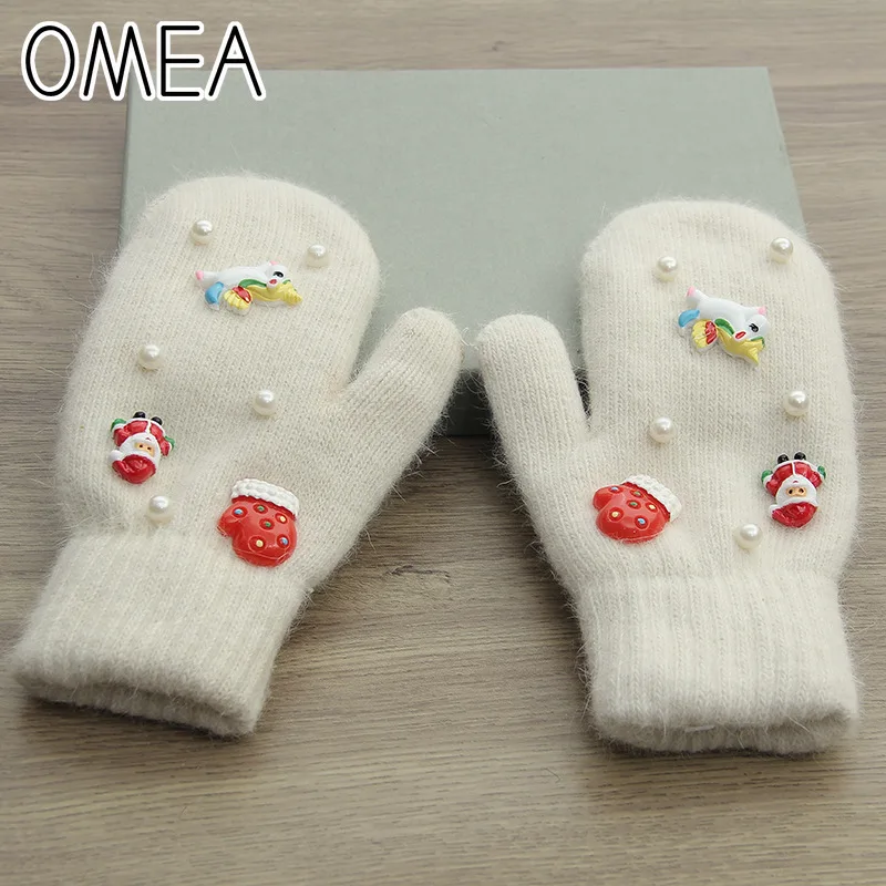 

OMEA Angora Rabbit Fur Winter Gloves Women Pearl Fuzzy Fingerless Gloves Double Layers Santa Claus Cashmere Black Christmas Gift