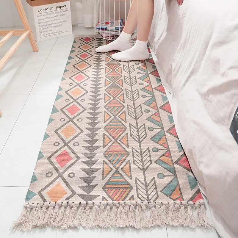 Хлопковый льняной прикроватный коврик в скандинавском стиле, геометрический индийский коврик для гостиной, тканый современный коврик с кисточками, дизайн в Марокко - Цвет: 1