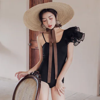 

One-Piece Swimsuits Swimwear 2019 Bathing Suit Women One Piece Bikinis Female May Beach Black Bikini Ruffled Shoulder Long