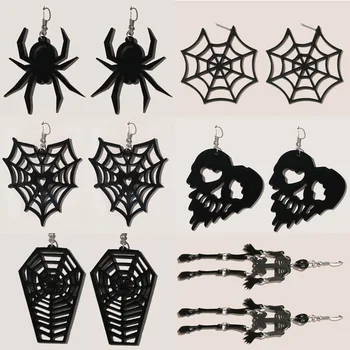 

Exaggerated Hollow Out Skeleton Head Spiders Black Acrylic Earrings for Women Cool Punk Halloween Dangle Earrings Jewelry Gifts