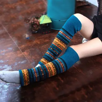 

Women Girls Bohemian Knitted Long Leg Warmers Contrast Color Camouflage Stripes Thicken Over Knee High Cover Boot Cuffs Socks