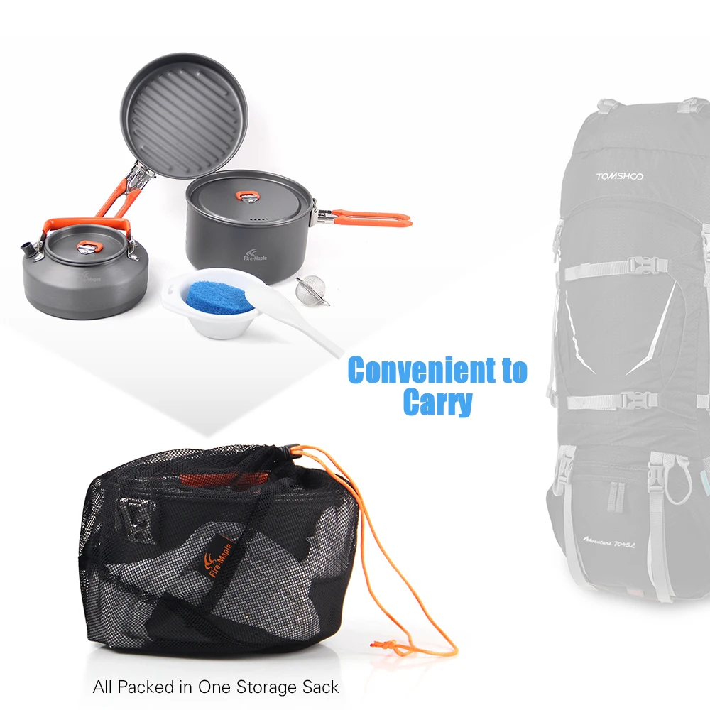 Outdoor Camping 7Pcs Cookware Set Hiking Backpacking Picnic Cooking Pot Frypan Kettle Set with Foldable Handle for 2- 3 People