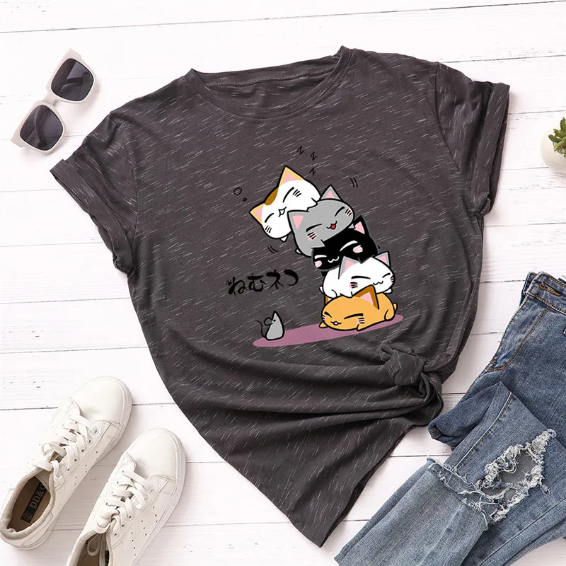 Новая женская футболка размера плюс S-5XL с милым принтом кота и буквами, хлопок, круглый вырез, короткий рукав, летняя футболка, топы, Повседневная футболка - Цвет: 460-liuxinghui