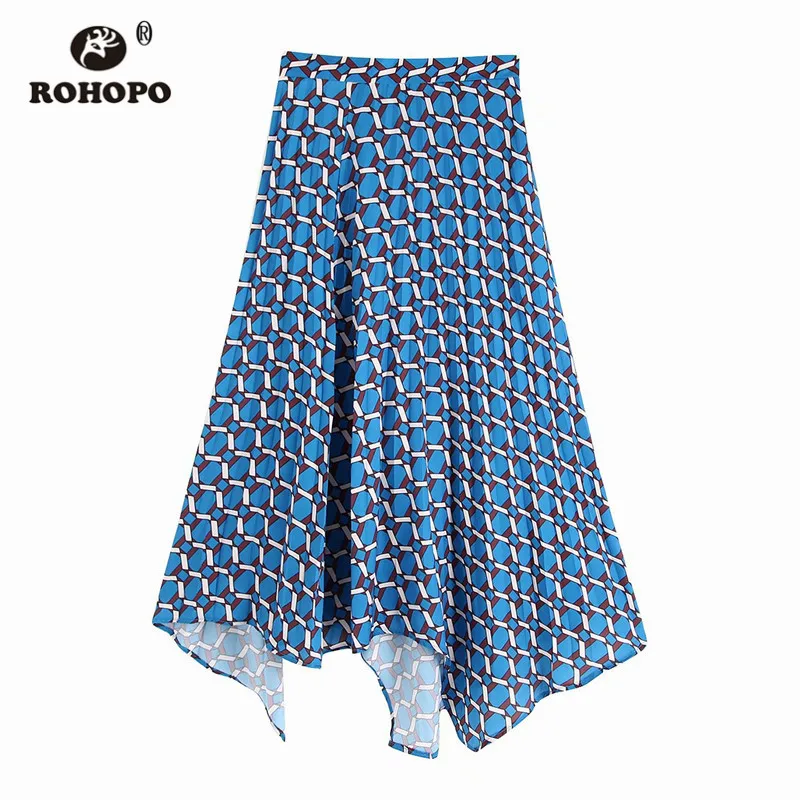 ROHOPO, высокая талия, Ретро стиль, принт, синяя юбка миди, градиентный подол, плиссированная, для девушек, Винтаж, макси, осень, Falda#9830 - Цвет: As Picture