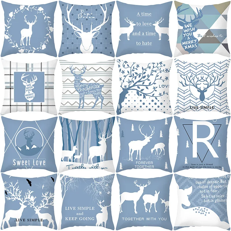 

Light Blue Geometric Elk Pattern Pillowcover Polyester Decorative Cushions Cover Throw Pillows Cover Home Decor Pillowcases