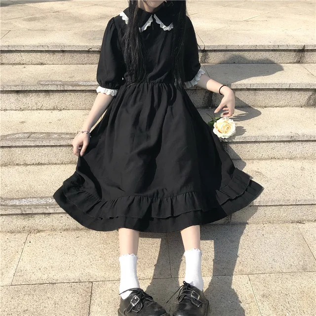 Japanese College Style Summer Dress Sweet Peter Pan Collar Kawaii Lace Ruffles Dress Short Sleeve Mori Girl Black Woman Dress 5