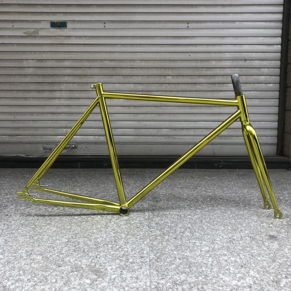 fixed gear bike frame gold plating vintage bicicleta fixe bike frame 52cm single speed bicycle frame steel with fork - Цвет: Цвет: желтый