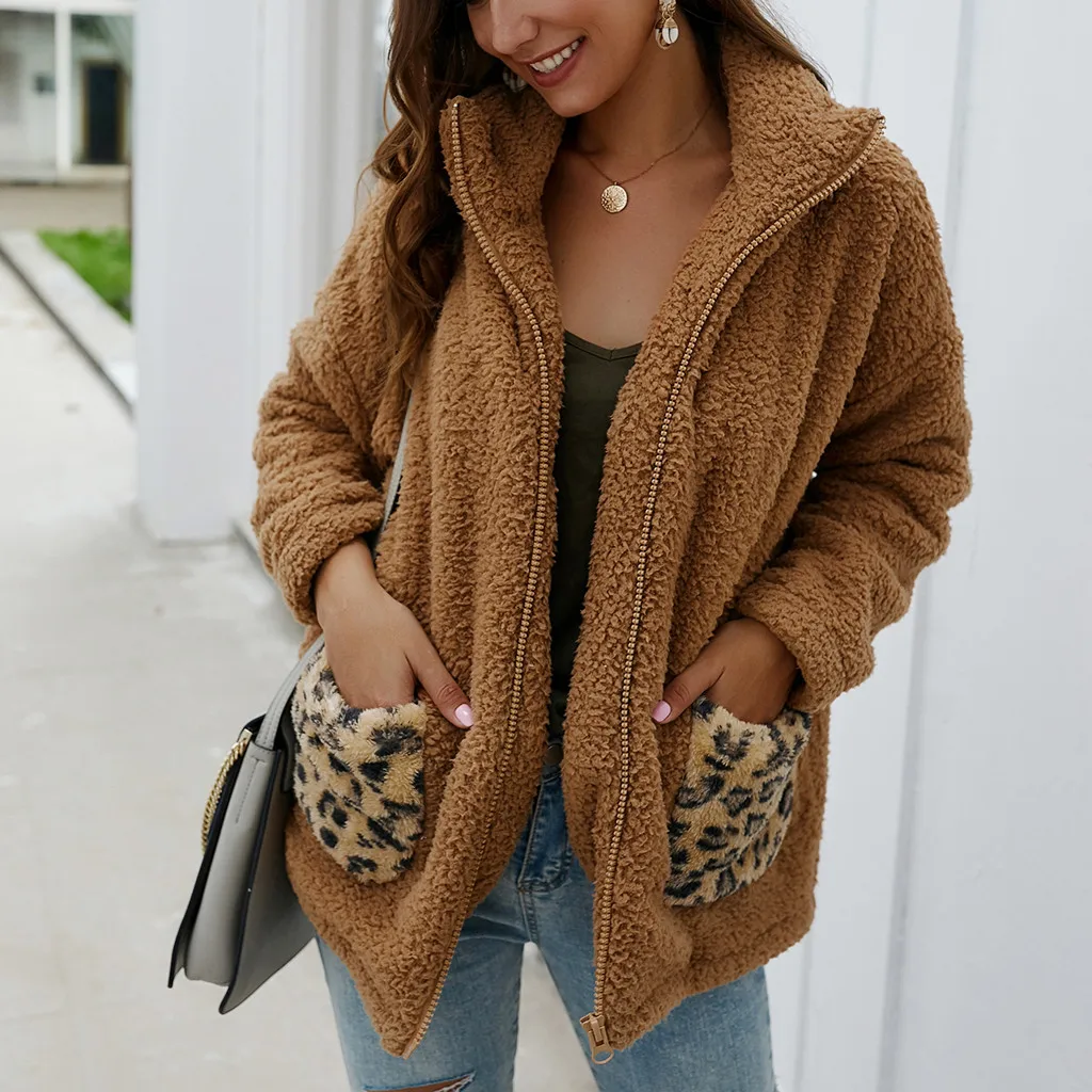Jaycosin Fashion Women Winter Loose Wild Leopard Print Fleece Coat Stylish Long Sleeve Comfortable Soft Cardigan Zipper Coat22#4