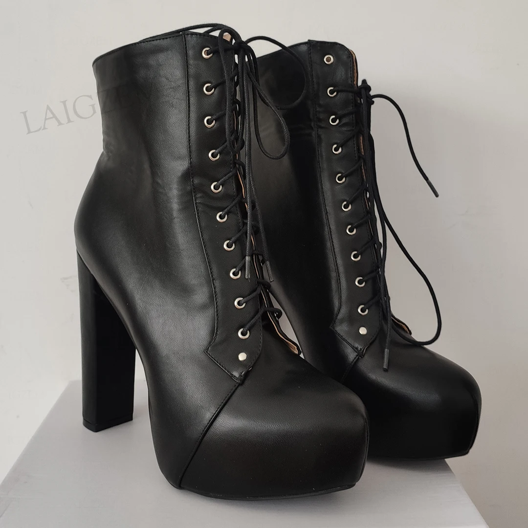 

DOHBANER Women Ankle Boots Lace Up Chunky High Heels Platform Boots Faux Leather Female Prom Shoes Woman Large Size 40 44 45 52