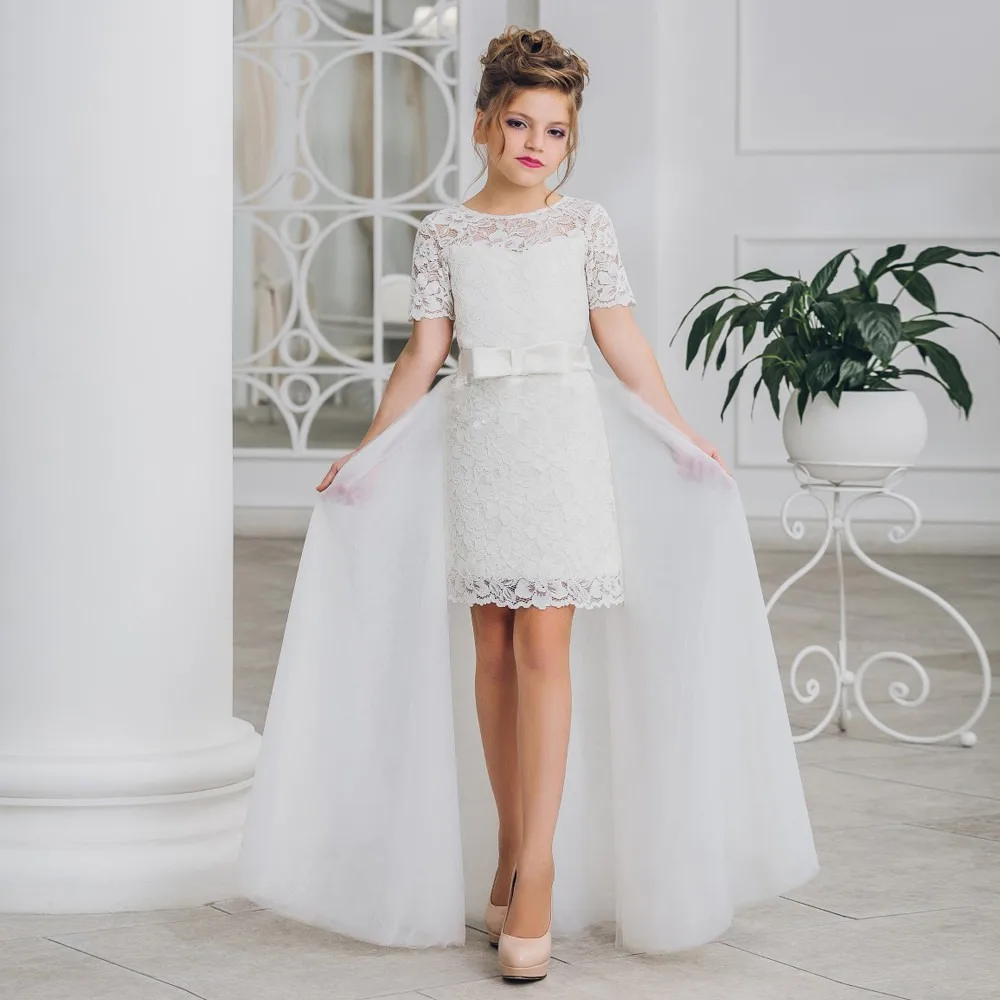 BacklakeGirls/Новинка года; кружевное платье с круглым вырезом и короткими рукавами и цветочным узором для девочек со съемным шлейфом