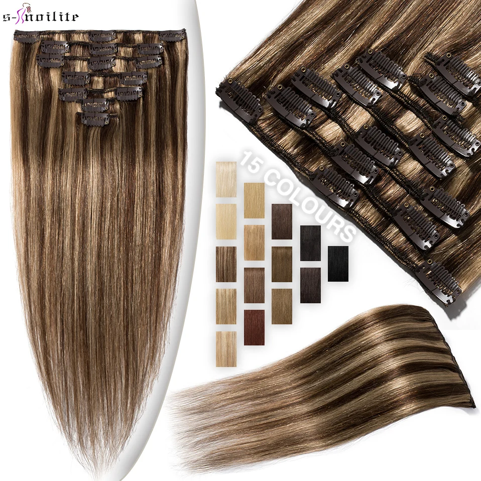S-noilite 7Pcs/Set Clip In Hair Extensions Human Hair Natural Extension Hair Clips 15"-22" Thin Full Head Clip In Natural Hair