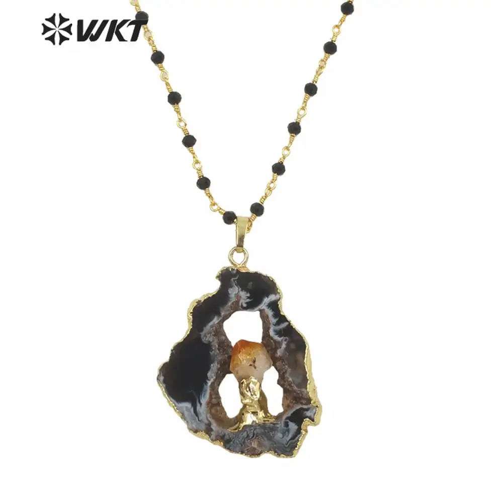 WT-N974 Wholesale Custom Natural Geode A g a t e With Charm Pendant Necklace Black Rosary Chain Trendy For Women | Украшения и