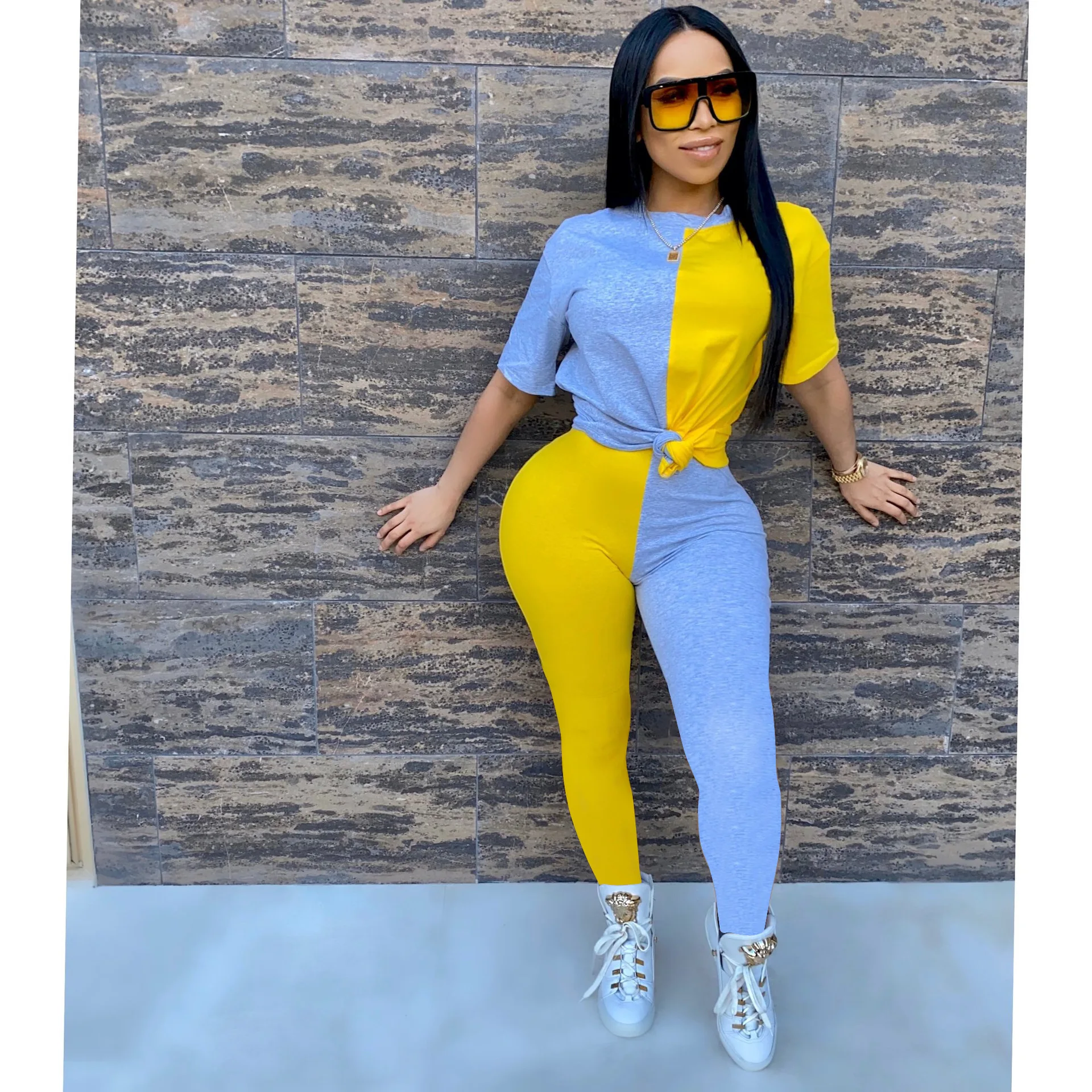 

2020 Women Sets Summer Tracksuits Fitness Sporty Patchwork Tops+Pants Suit Two Piece Set Night Club Outfits 2 Pcs Street Sets
