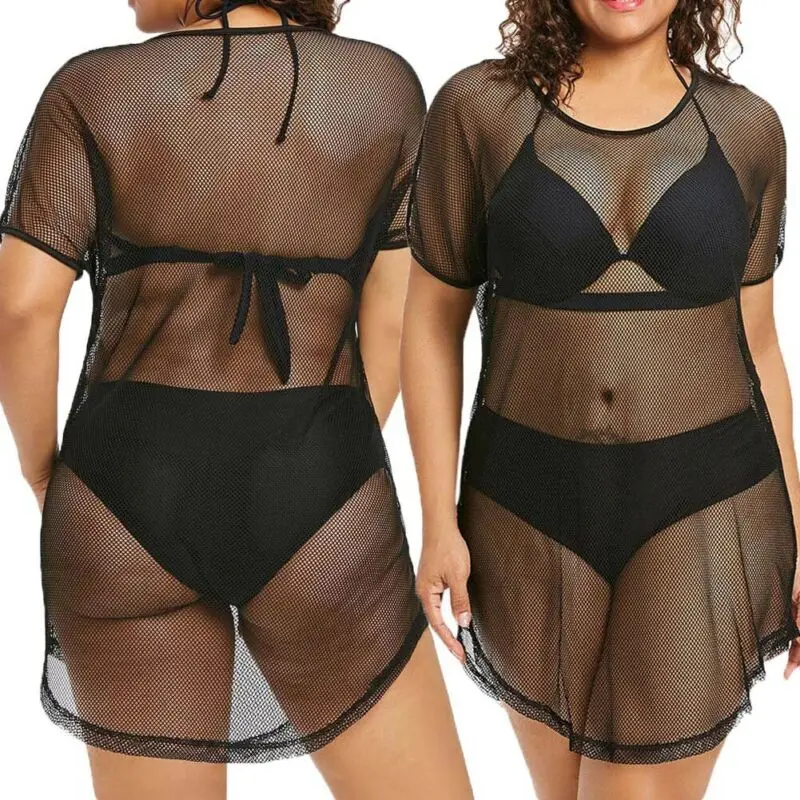 

Hot Womens Black See through Sexy Mesh T-shirts Sheer Long Maxi Cover Up Tulle Lace Beachwear Tshirt Transparent Tee T Shirt