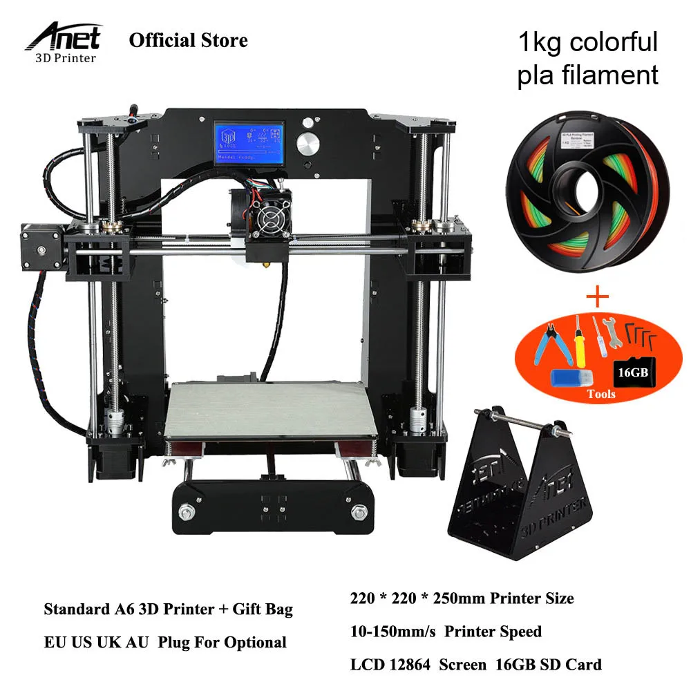 Anet A6 большой размер настольный 3d Принтер Комплекты Reprap i3 DIY самостоятельная сборка ЖК-экран с 16 Гб sd-картой размер печати 220*220*250 мм