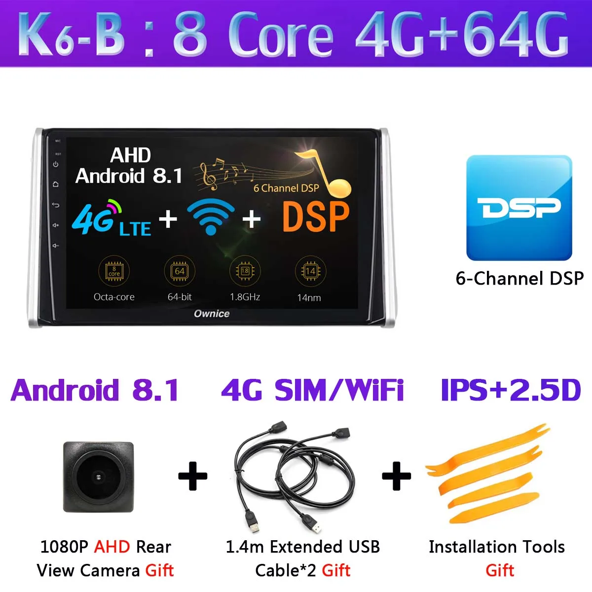 K6-B 360 ° панорамный Android 9,0 8Core 4G+ 64G SPDIF DSP CarPlay автомобильный мультимедийный плеер для Toyota RAV4 gps навигационное радио - Цвет: K6-B