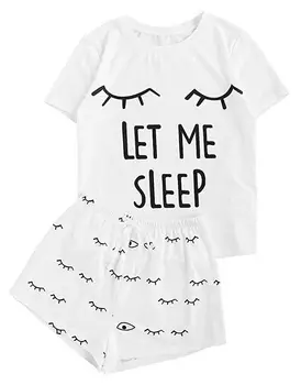 

Women's Fashion Home Clothes Set Short Sleeve Letter T-shirt + Eyelash Print Drawstring Elastic Waist Shorts Summer Pajama Sets