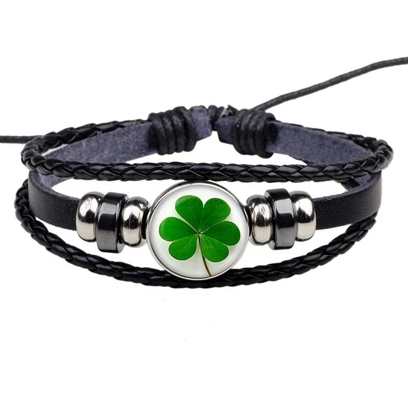 Leather Bracelet Charm Bracelet Lucky Grass Clover Leaf Jewelry Gift For Women Men