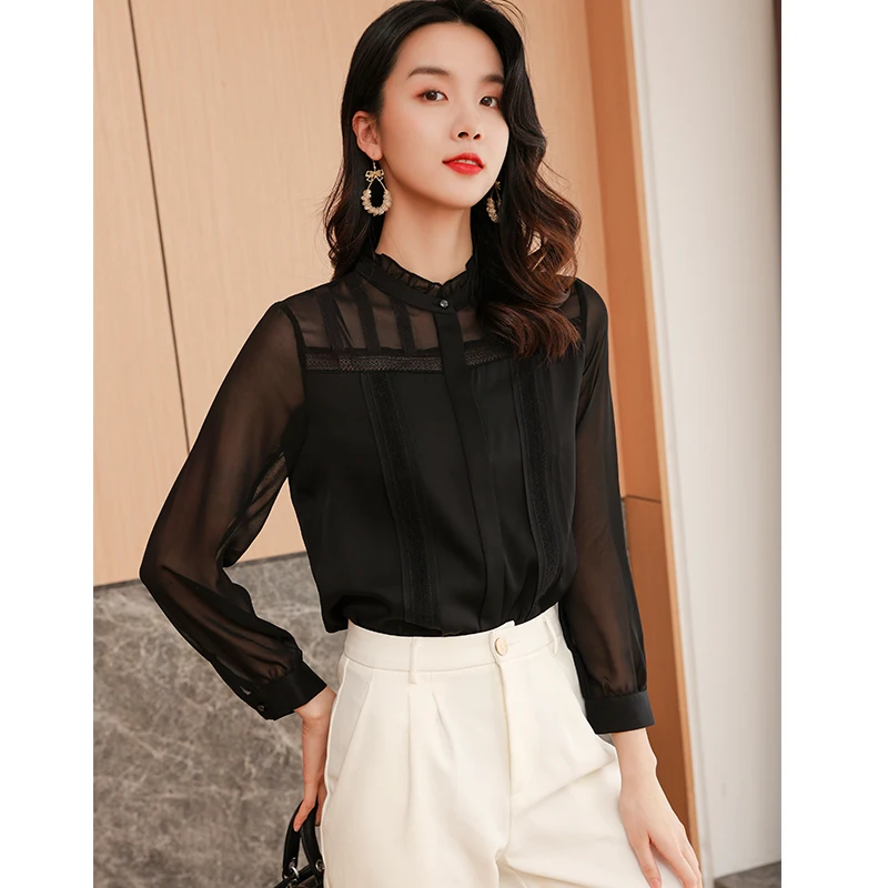 Camisa Negra de seda para Mujer, blusa elegante de manga larga, Tops y Blusas para Mujer, Pph3667 AliExpress