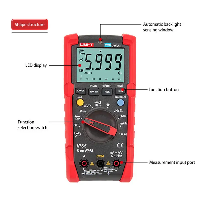 UNI-T Цифровой мультиметр UT191E/T True RMS AC DC Напряжение Ампер Ом метр IP65 Водонепроницаемый/пылезащитный ACV LPF/LoZ ACV термометр