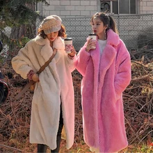 Осенне-зимнее длинное манто Femme Hiver, элегантное женское пальто из искусственного меха большого размера, корейское меховое пальто высокого качества, розовое длинное пальто
