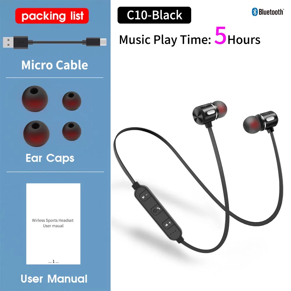 C10-Black-5h FBYEG, C10 BC10 беспроводные Bluetooth наушники, стерео наушники, Спортивная Bluetooth гарнитура, наушники, магнитный наушник с микрофоном для телефона - Цвет: C10-Black-5h