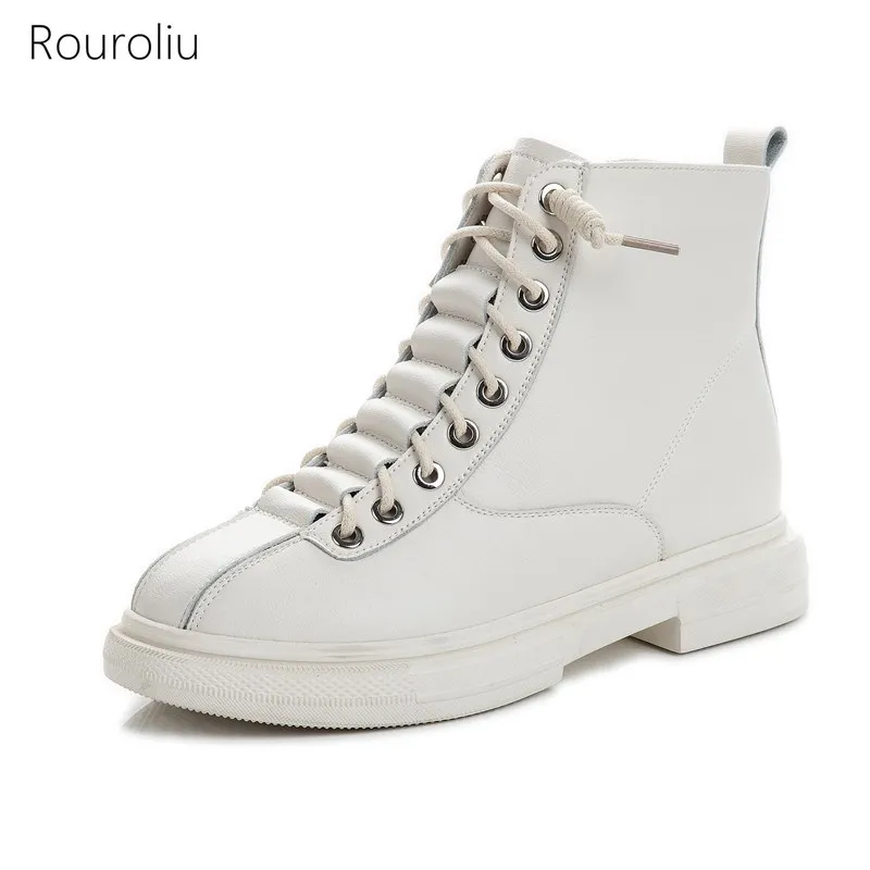 

Rouroliu Women British Style Soft Leather Boots Lace-Up Casual Shoes 2020 Autumn Winter Thick Heel Ankle Boot Non-Slip