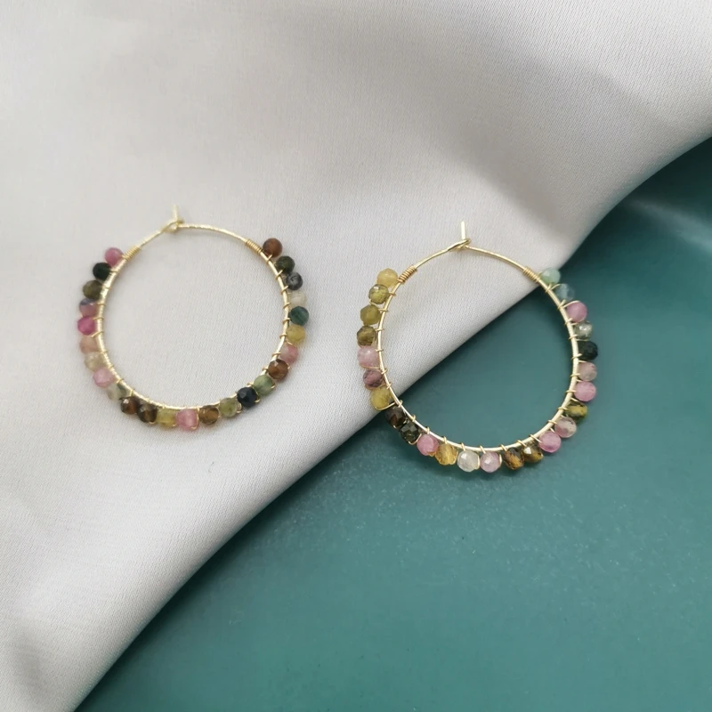 Women's earrings Silver hoops with minerals Golden rings with minerals Small hoops with Turmalines Creoles and tourmalines