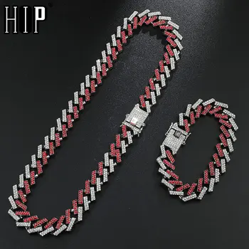 

Hip Hop 1Set 15MM Bling Iced Out Miami Zircon Cuban Full Pave Rhinestone Men's Bracelet + Necklace Gold For Men Jewelry