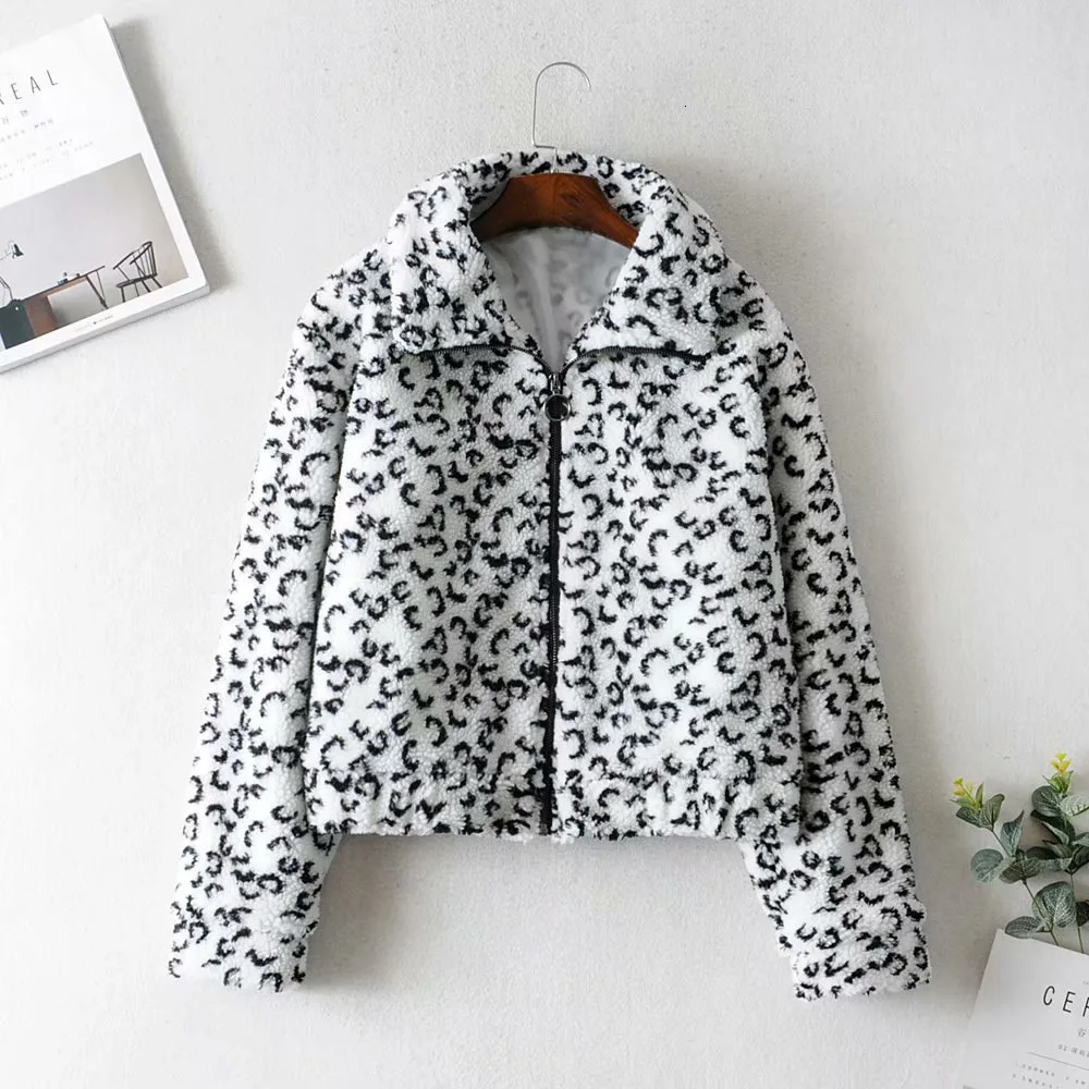 Winter Fashion Women Lapel Outwear Lattice Leopard Camouflage Print Warm Wool Coats Short Fund Ladies Clothes Manteau Femme - Цвет: White